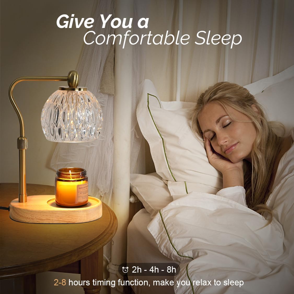 HASUN Candle Warmer Lamp, Vintage Glass Electric Dimmable Candle Warmer Lamp with Timer and Adjustable Height/Heat, 2-8h Timer, Candle Lamp for Bedroom, Scented Candles Warmer Gold with 2 Bulbs