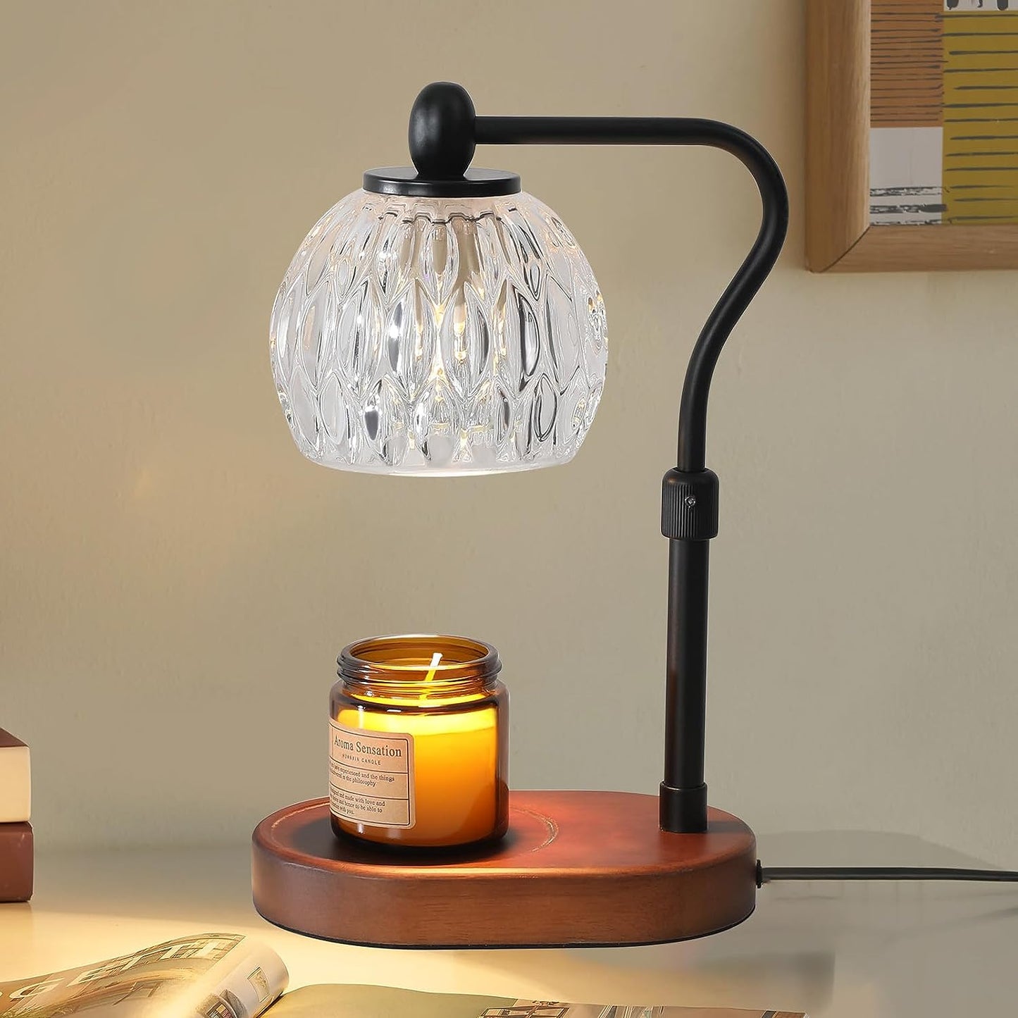 HASUN Candle Warmer Lamp for Jar Candles, Safe Electric Dimmable Candle Warmer Lamp with Timer and Adjustable Height/Heat, 2-8h Timer, Vintage Glass Scented Candles Warmer Black with 2 Bulbs