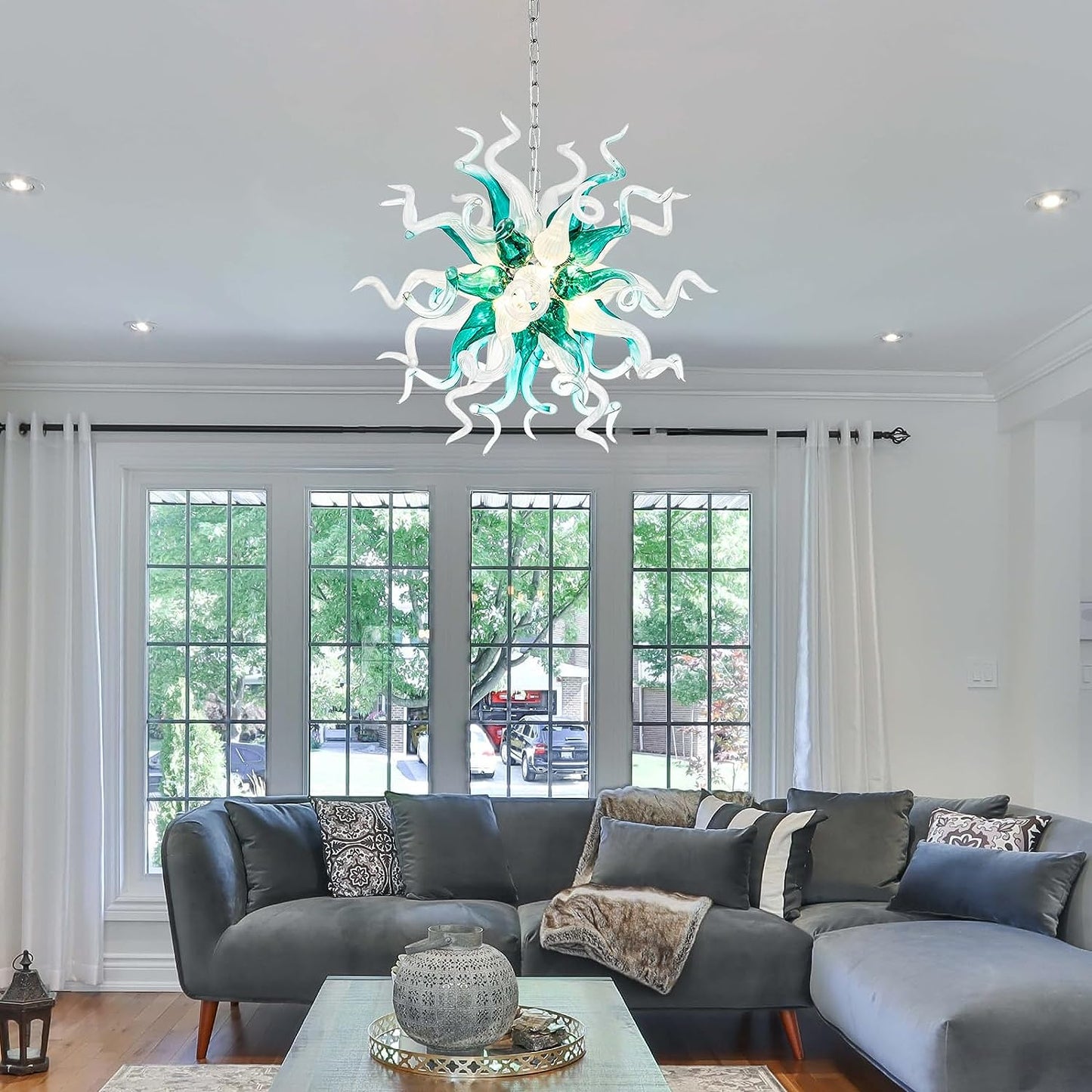 HASUN Modern Hand Blown Glass Chandelier, Luxury Entryway Chandeliers for Dining Room, Ceiling Pendant Light Fixture Living Room Chandeliers for Stairway, Bedroom, Lobby, Hallway