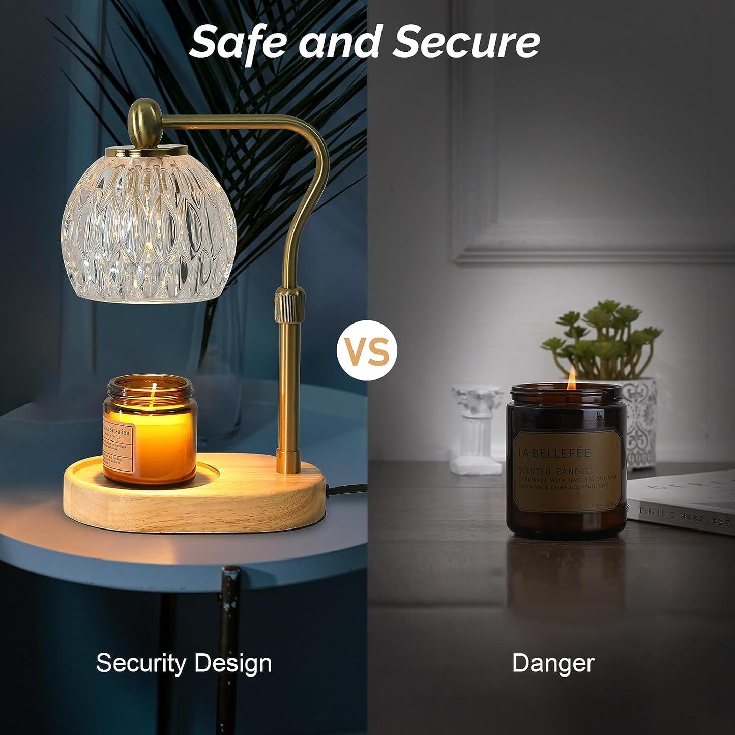 HASUN Candle Warmer Lamp, Vintage Glass Electric Dimmable Candle Warmer Lamp with Timer and Adjustable Height/Heat, 2-8h Timer, Candle Lamp for Bedroom, Scented Candles Warmer Gold with 2 Bulbs