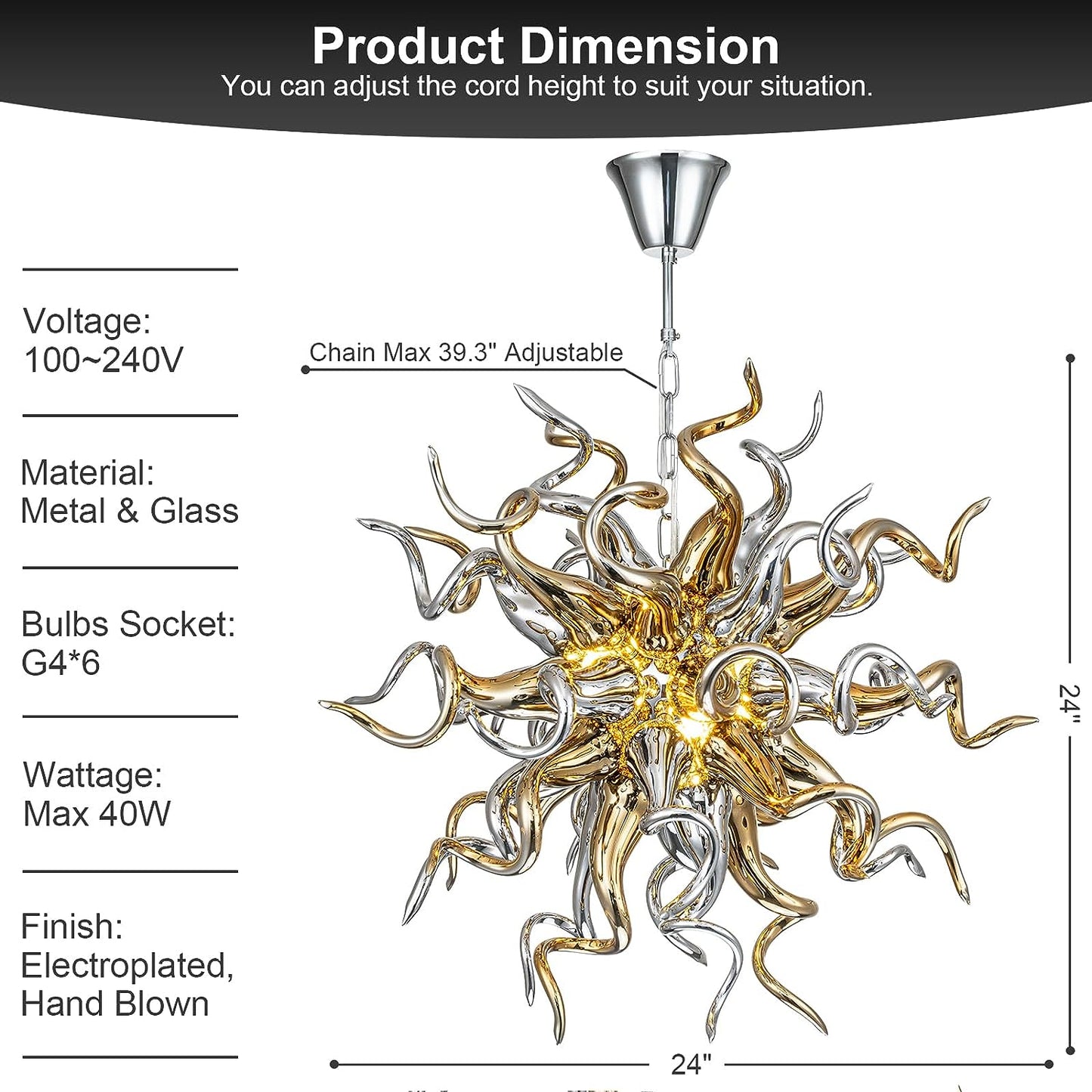 HASUN Modern Luxury Living Room Chandelier, Hand Blown Glass Dining Room Chandeliers, Ceiling Hanging Pendant Light Fixture Chandelier for Hotel, Lobby, Stairway, Bedroom, Study Room, Hallway