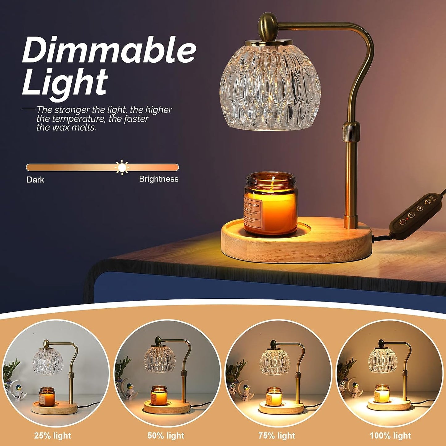 HASUN Candle Warmer Lamp, Vintage Glass Electric Dimmable Candle Warmer Lamp with Timer and Adjustable Height/Heat, 2-8h Timer, Candle Lamp for Bedroom, Scented Candles Warmer Gold with 2 Bulbs