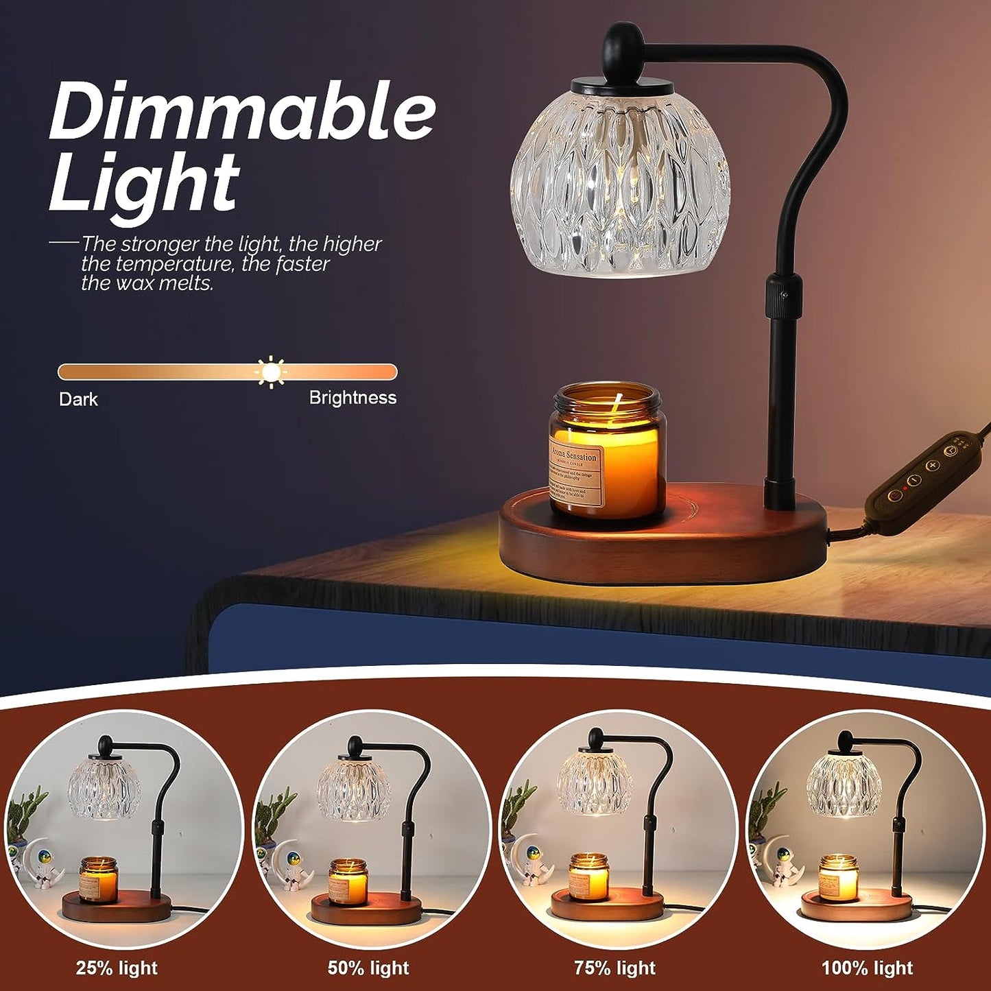 HASUN Candle Warmer Lamp for Jar Candles, Safe Electric Dimmable Candle Warmer Lamp with Timer and Adjustable Height/Heat, 2-8h Timer, Vintage Glass Scented Candles Warmer Black with 2 Bulbs