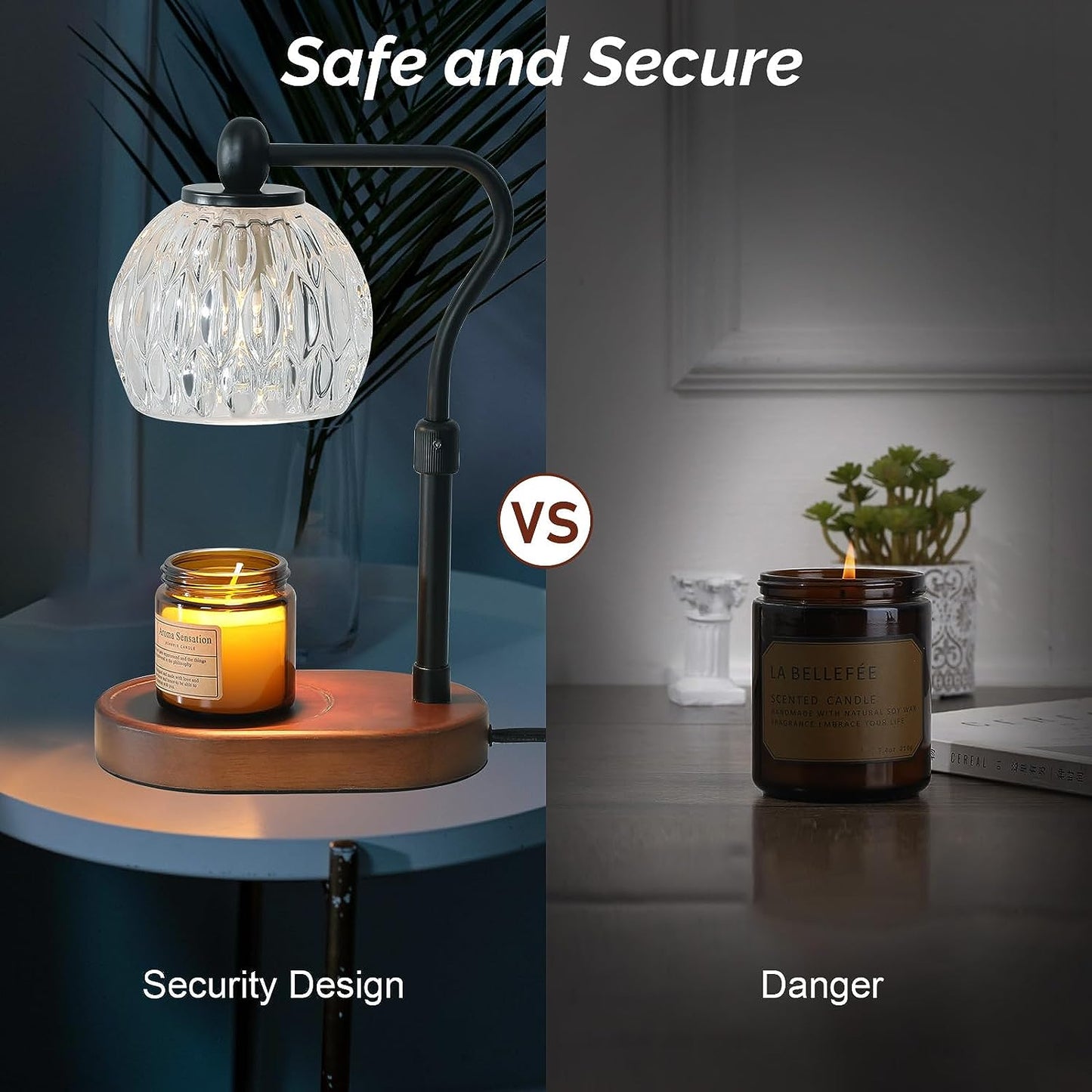 HASUN Candle Warmer Lamp for Jar Candles, Safe Electric Dimmable Candle Warmer Lamp with Timer and Adjustable Height/Heat, 2-8h Timer, Vintage Glass Scented Candles Warmer Black with 2 Bulbs