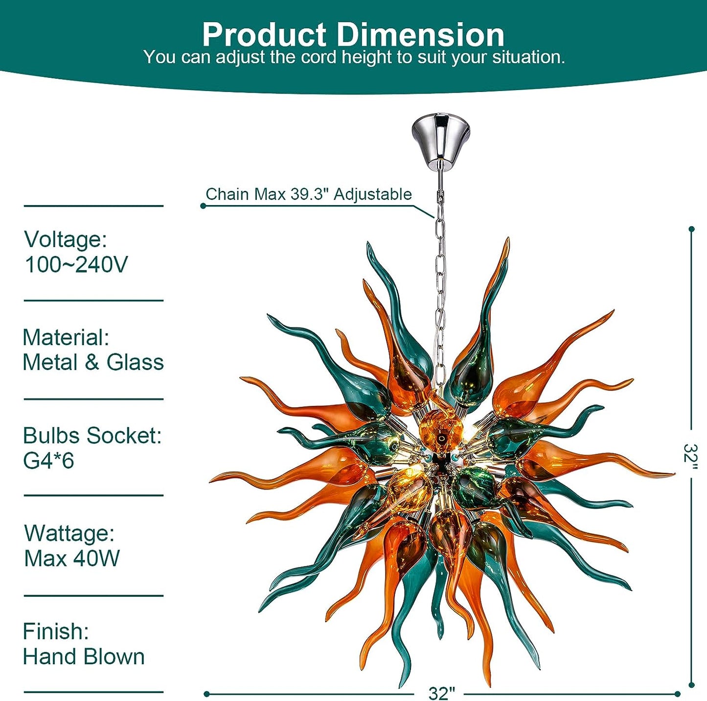 HASUN Modern Chandelier, Luxury Hand Blown Glass Dining Room Chandelier, Ceiling Hanging Pendant Light Fixture Living Room Chandeliers for Hotel, Lobby, Stairway, Bedroom, Study Room, Hallway
