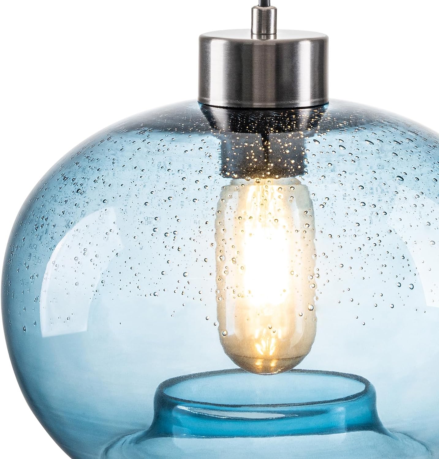 HASUN Modern Clear Glass Pumpkin Blue Farmhouse Pendant Lights Fixture, Seeded Kitchen Pendant Lighting Over Sink Dining Table Brushed Nickel 9.2" Diam Shade 1 Pack with Bulb