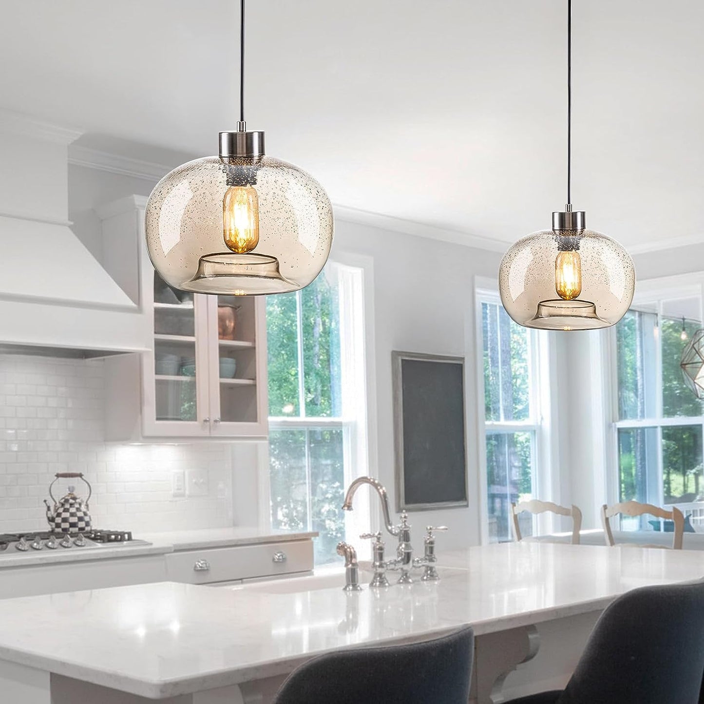 HASUN Modern Amber Kitchen Clear Glass Pumpkin Pendant Light Fixtures, Seeded Pendant Dining Room Light for Farmhouse Living Room Office Brushed Nickel 9.2" Diam Shade 2 Pack with Bulb