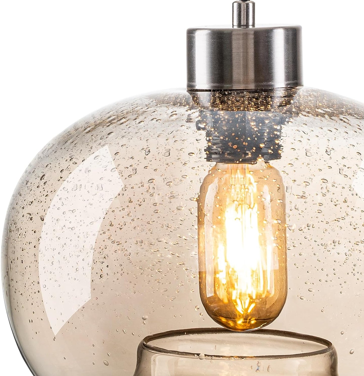 HASUN Modern Amber Kitchen Clear Glass Pumpkin Pendant Light Fixtures, Seeded Pendant Dining Room Light for Farmhouse Living Room Office Brushed Nickel 9.2" Diam Shade 2 Pack with Bulb