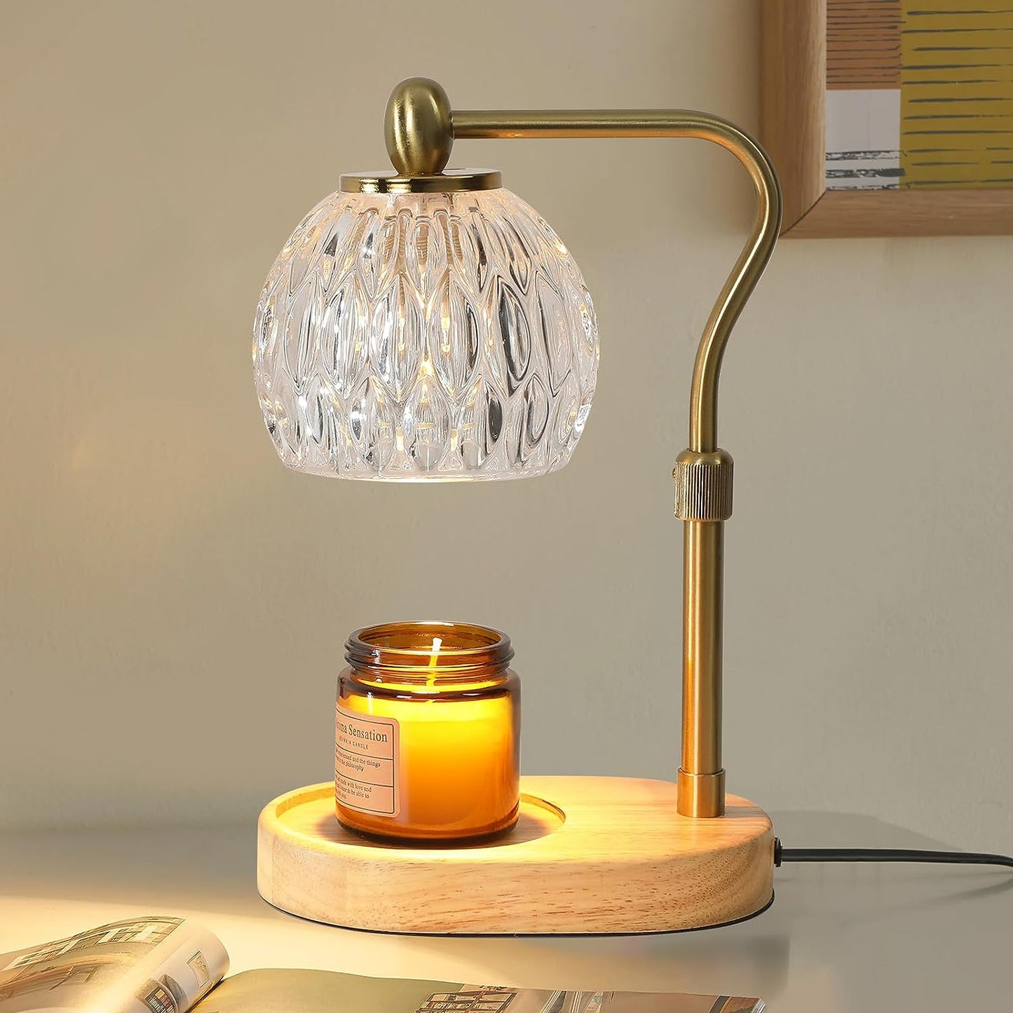 HASUN Candle Warmer Lamp, Vintage Glass Electric Dimmable Candle Warmer Lamp with Timer and Adjustable Height/Heat, 2-8h Timer, Candle Lamp for Bedroom, Scented Candles Warmer Gold with 2 Bulbs