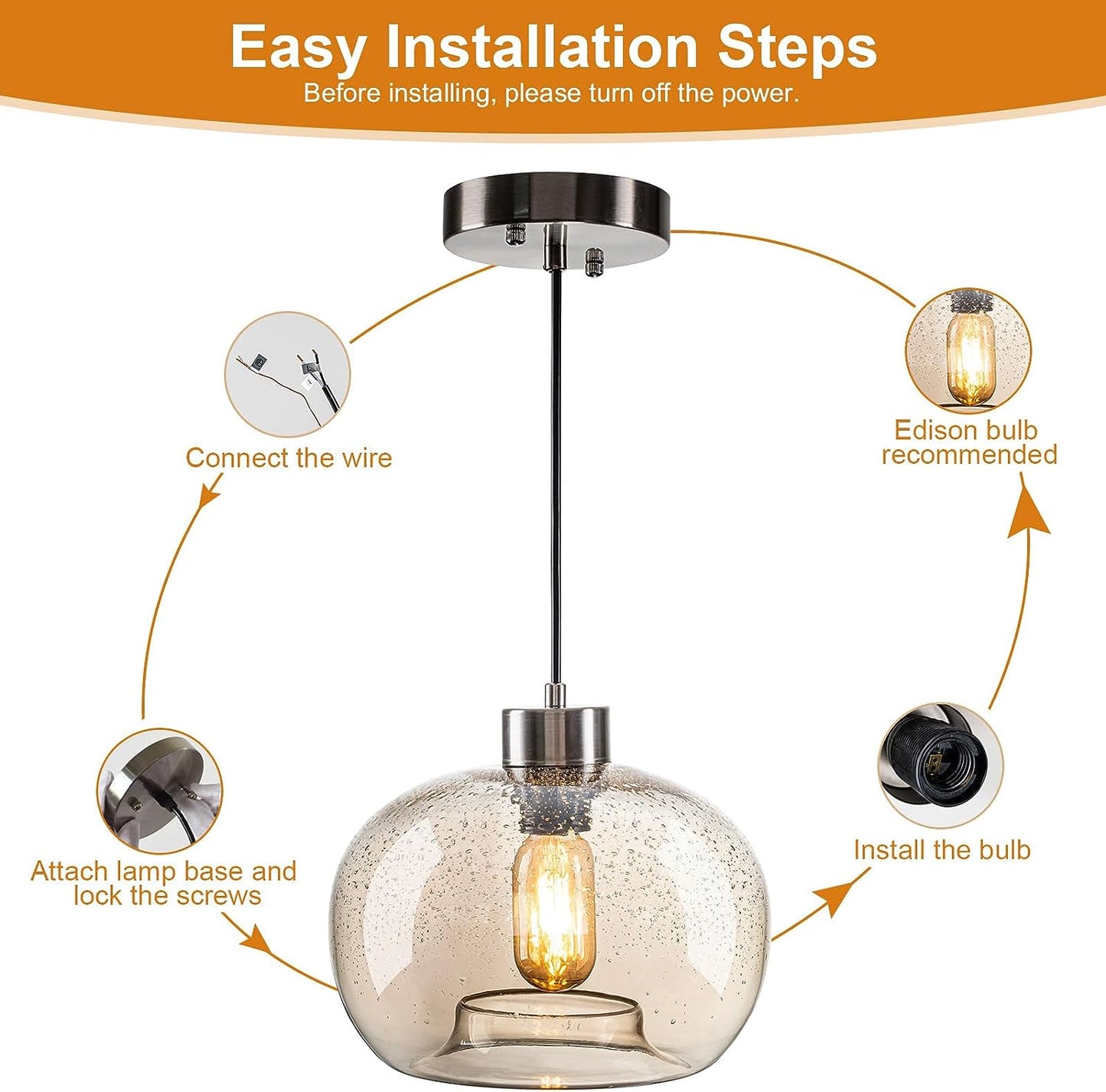 HASUN Modern Amber Kitchen Clear Glass Pumpkin Pendant Light Fixtures, Seeded Pendant Dining Room Light for Farmhouse Living Room Office Brushed Nickel 9.2" Diam Shade 2 Pack with Bulb