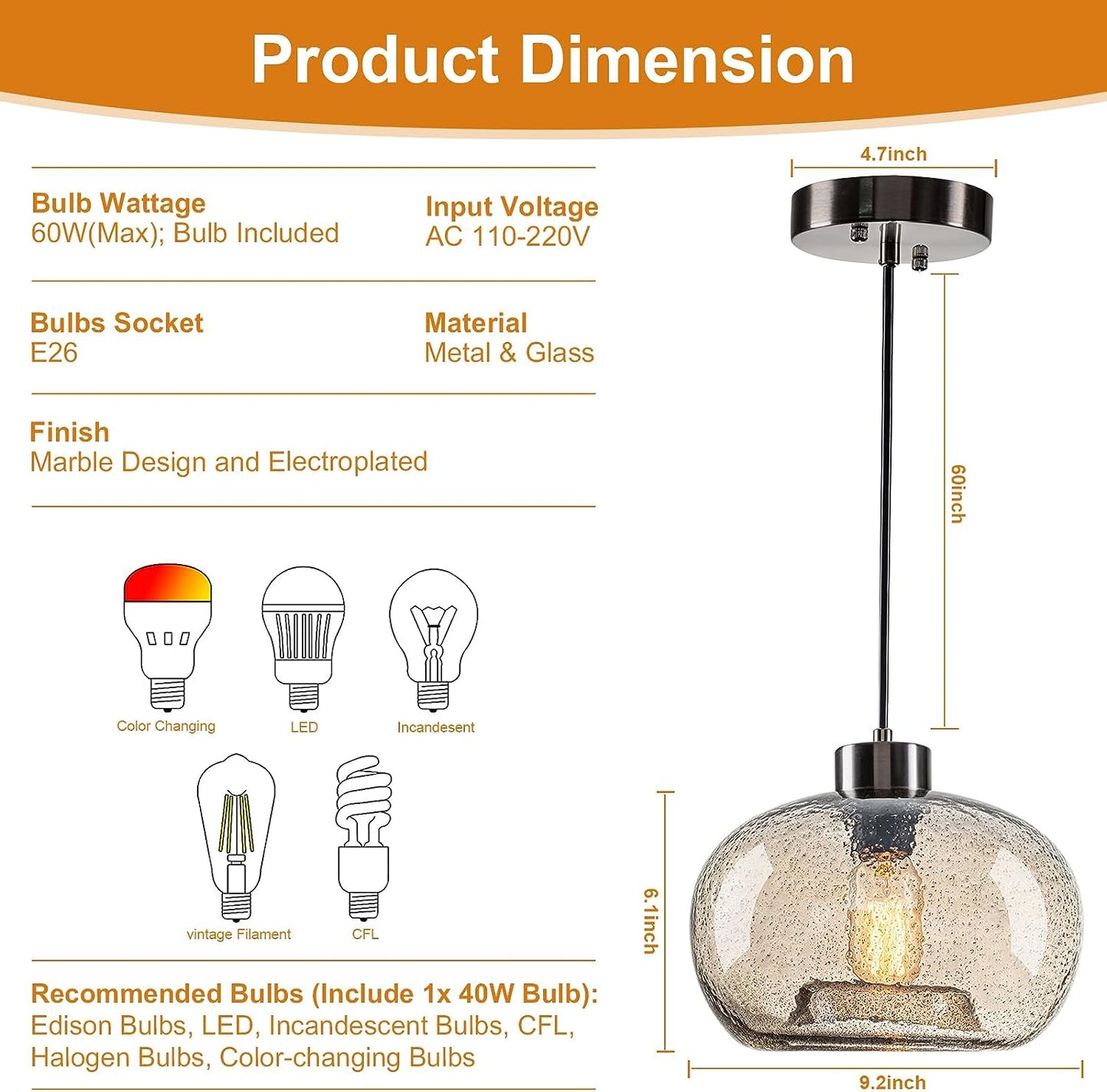 HASUN Modern Kitchen Pumpkin Amber Clear Glass Pendant Lighting, Marble Island Lights Fixture for Over Sink Dining Table Club Cafe Brushed Nickel 9.2" Diam Shade 2 Pack with Bulb