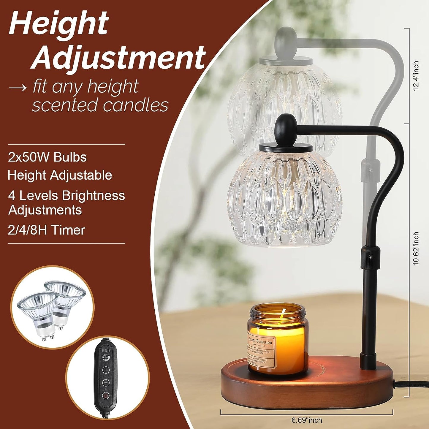 HASUN Candle Warmer Lamp for Jar Candles, Safe Electric Dimmable Candle Warmer Lamp with Timer and Adjustable Height/Heat, 2-8h Timer, Vintage Glass Scented Candles Warmer Black with 2 Bulbs