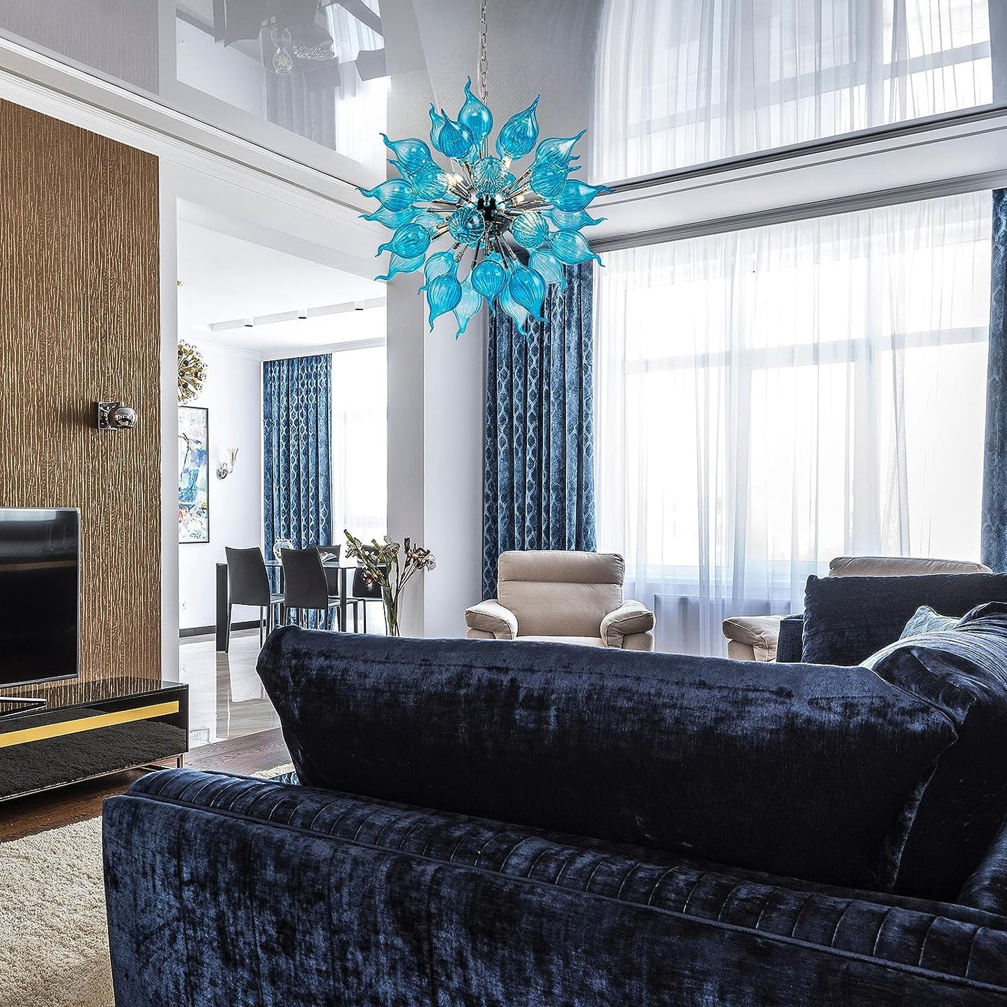 HASUN Living Room Art Chandelier, Hand Blown Glass Modern Luxury Dining Room Chandeliers, Ceiling Hanging Pendant Light Fixture Chandelier for Hotel, Lobby, Stairway, Bedroom, Study Room, Hallway
