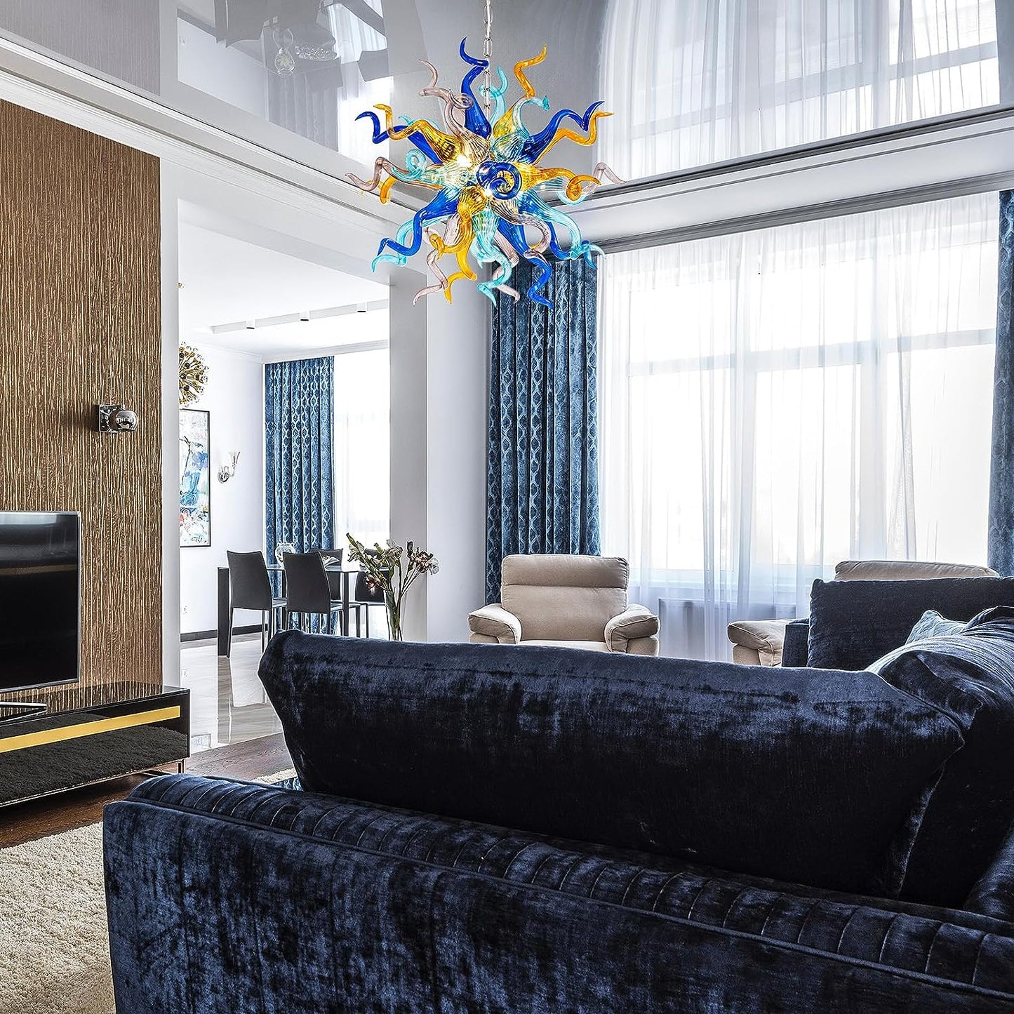 HASUN Modern Luxury Chandelier, Hand Blown Glass Living Room Chandeliers, Ceiling Pendant Light Chandelier for Dining Room, Entryway, Lobby, Stairway, Bedroom, Study Room, Hallway