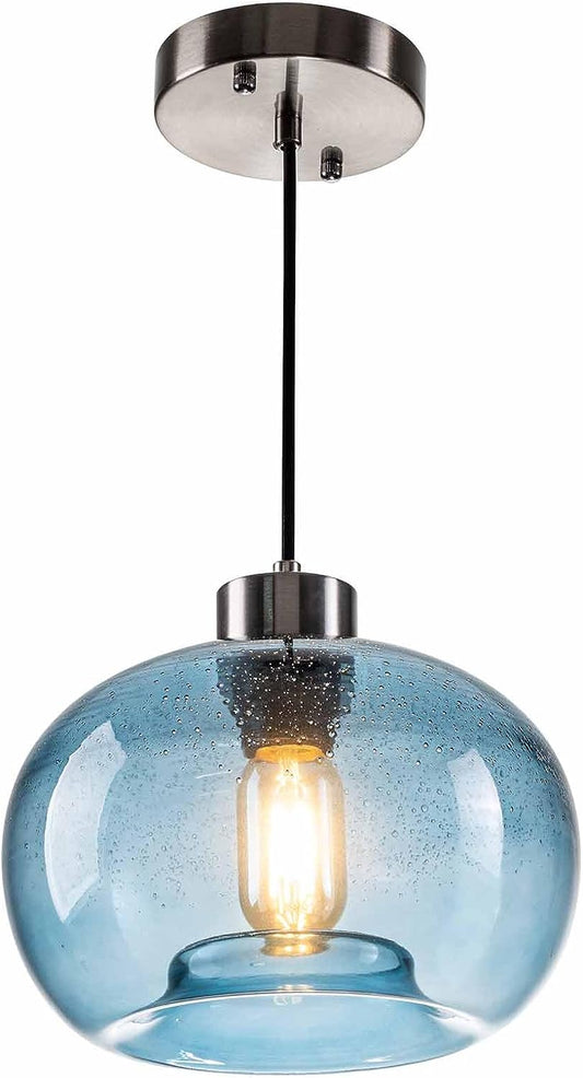 HASUN Modern Clear Glass Pumpkin Blue Farmhouse Pendant Lights Fixture, Seeded Kitchen Pendant Lighting Over Sink Dining Table Brushed Nickel 9.2" Diam Shade 1 Pack with Bulb