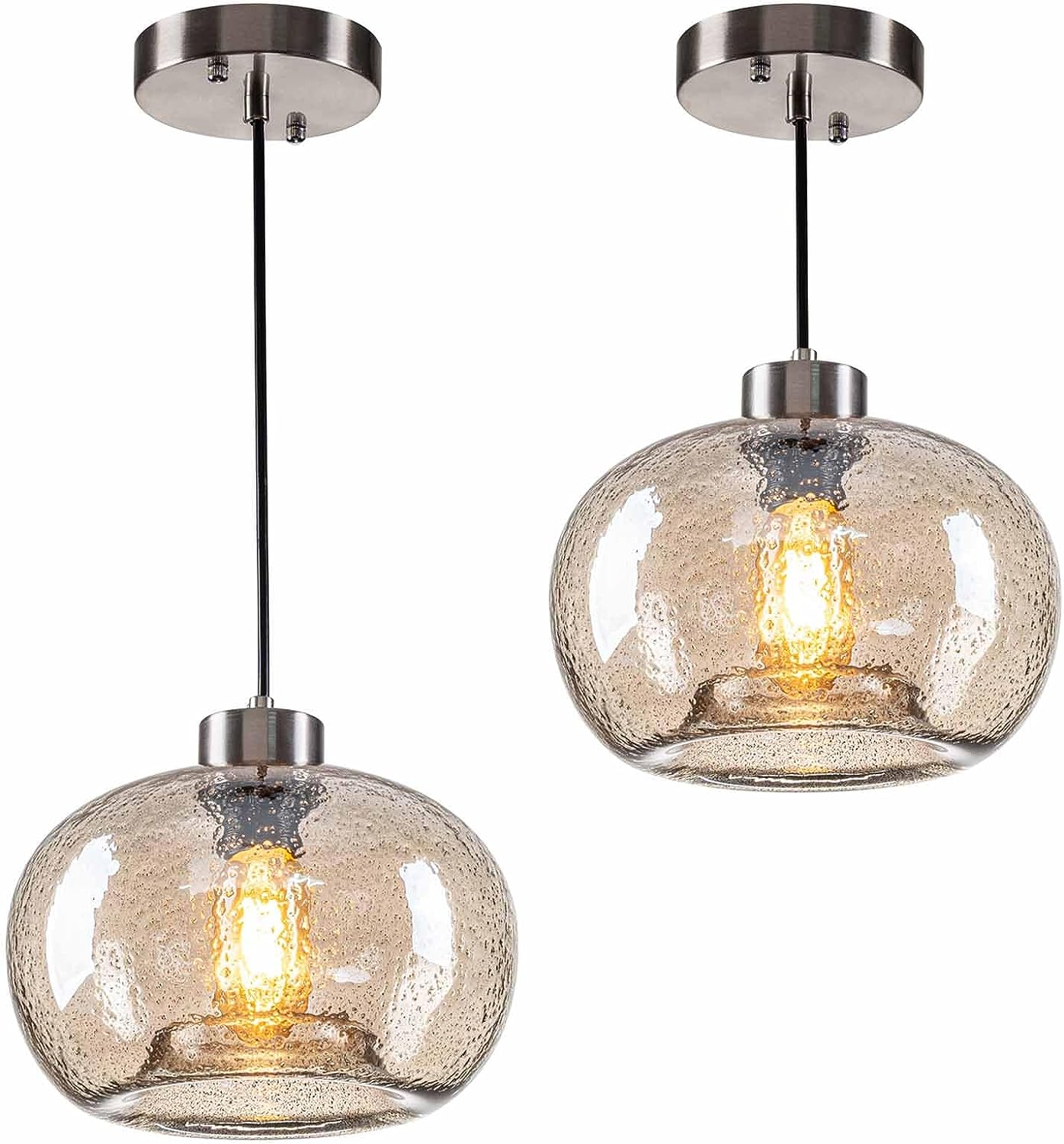 HASUN Modern Kitchen Pumpkin Amber Clear Glass Pendant Lighting, Marble Island Lights Fixture for Over Sink Dining Table Club Cafe Brushed Nickel 9.2" Diam Shade 2 Pack with Bulb