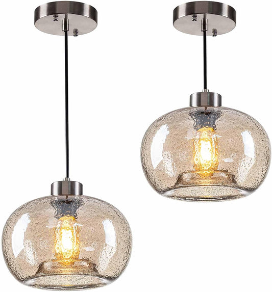 HASUN Modern Kitchen Pumpkin Amber Clear Glass Pendant Lighting, Marble Island Lights Fixture for Over Sink Dining Table Club Cafe Brushed Nickel 9.2" Diam Shade 2 Pack with Bulb