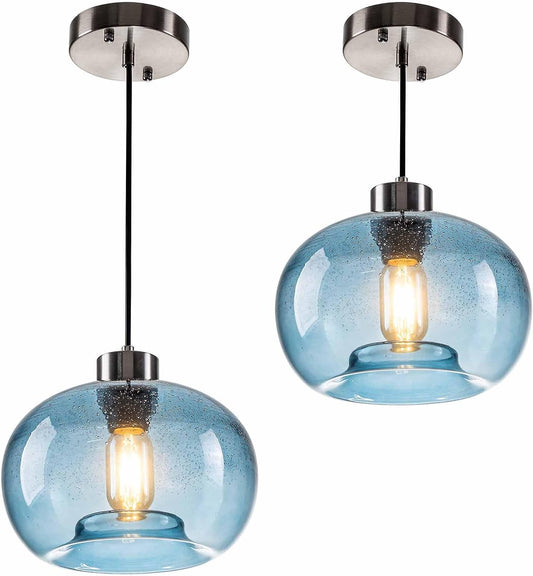 HASUN Clear Glass Pumpkin Blue Pendant Lighting Kitchen Island, Seeded Farmhouse Pendant Lights Fixture for Office Cafe Pubs Brushed Nicke 9.2" Diam Shade 2 Pack with Bulb