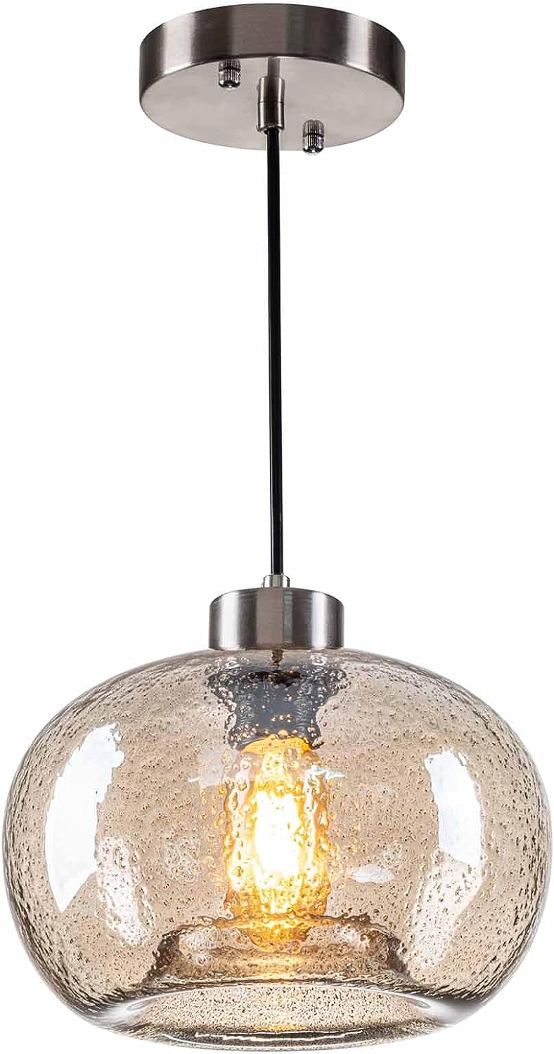 HASUN Modern Pumpkin Amber Clear Glass Pendant Light Fixtures Over Sink, Marble Pendant Lighting for Kitchen Island Bedroom Living Room Office Brushed Nickel 9.2" Diam Shade 1 Pack with Bulb