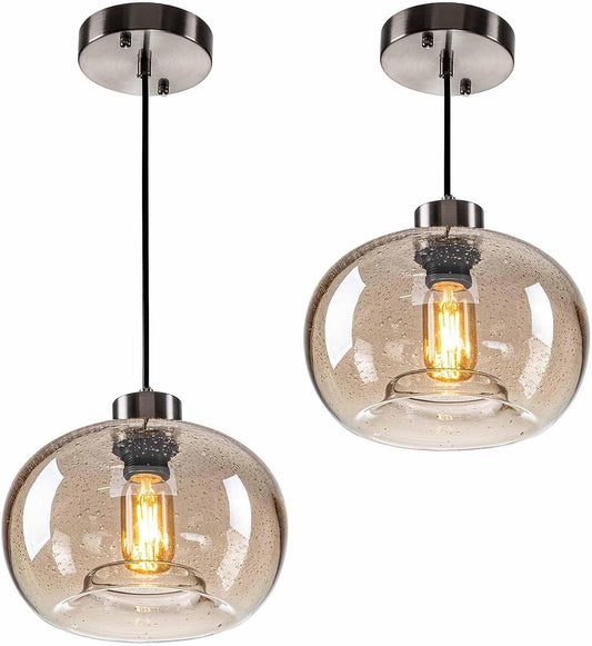 HASUN Modern Amber Kitchen Clear Glass Pumpkin Pendant Light Fixtures, Seeded Pendant Dining Room Light for Farmhouse Living Room Office Brushed Nickel 9.2" Diam Shade 2 Pack with Bulb