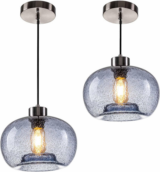 HASUN Modern Blue Clear Glass Pumpkin Kitchen Pendant Lights Fixture, Marble Farmhouse Island Lights for Dining Room Bedroom Cafe Club Pubs Brushed Nickel 9.2" Diam Shade 2 Pack with Bulb