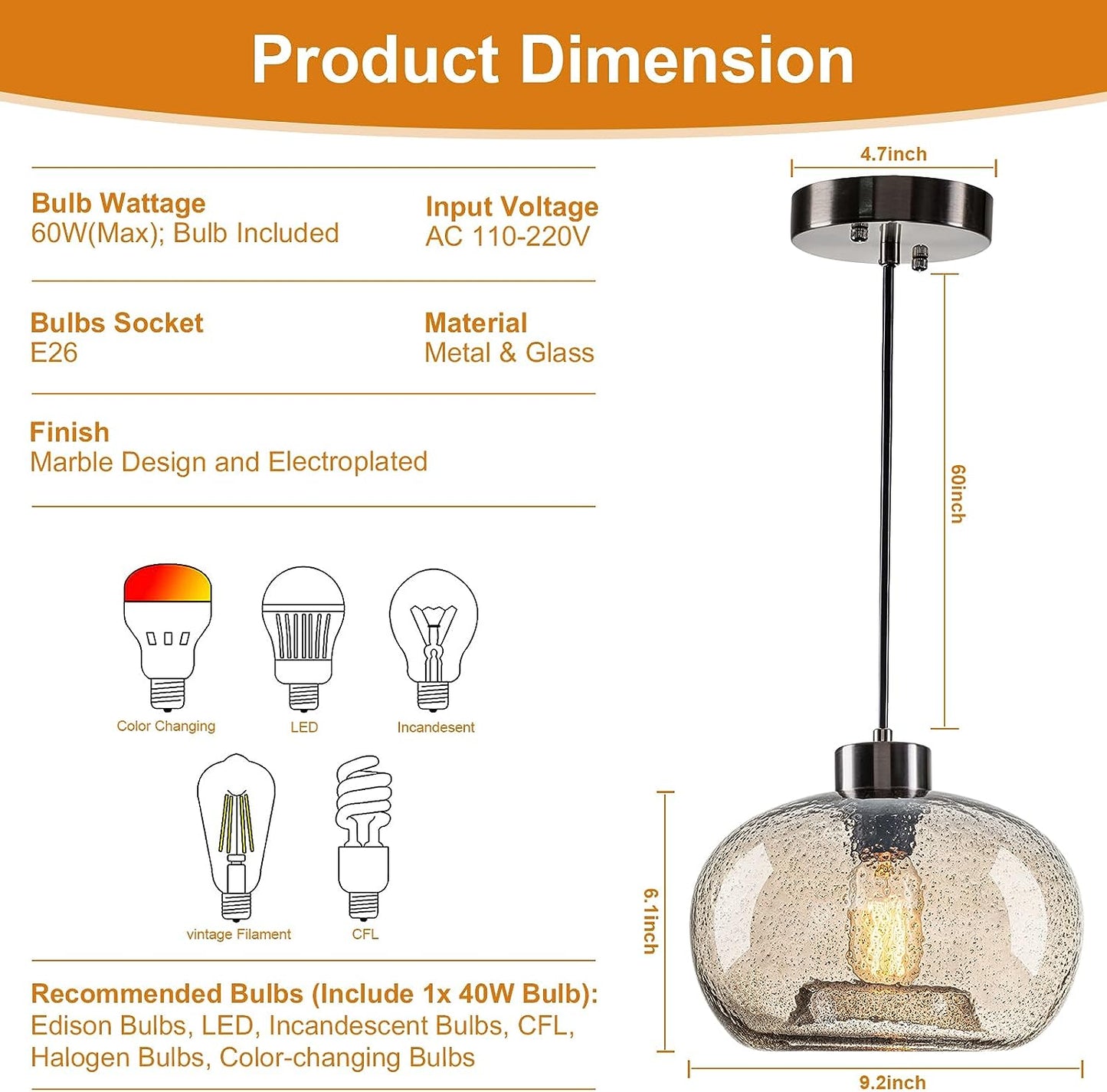 HASUN Modern Pumpkin Amber Clear Glass Pendant Light Fixtures Over Sink, Marble Pendant Lighting for Kitchen Island Bedroom Living Room Office Brushed Nickel 9.2" Diam Shade 1 Pack with Bulb